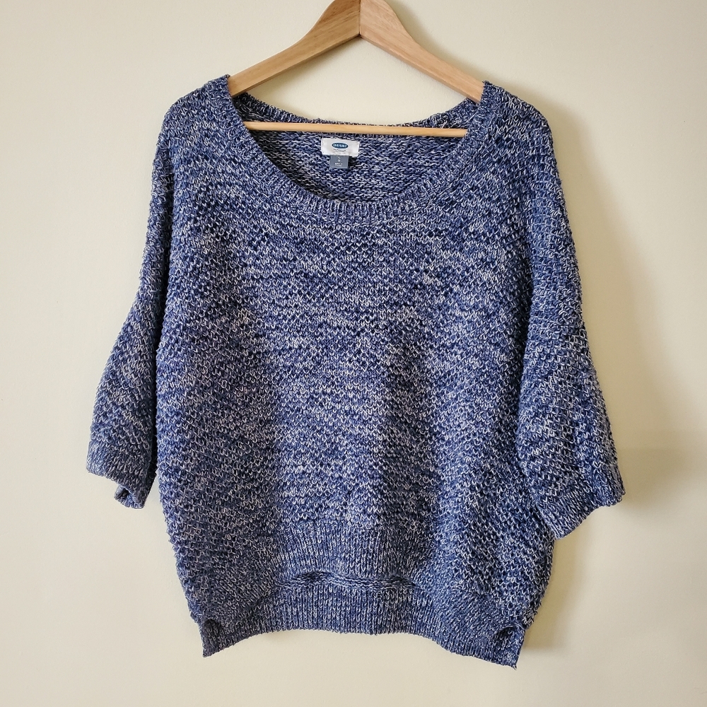 Old Navy Blue White Marled Knit Scoop Neck Med Length Sleeve Sweater Size: L